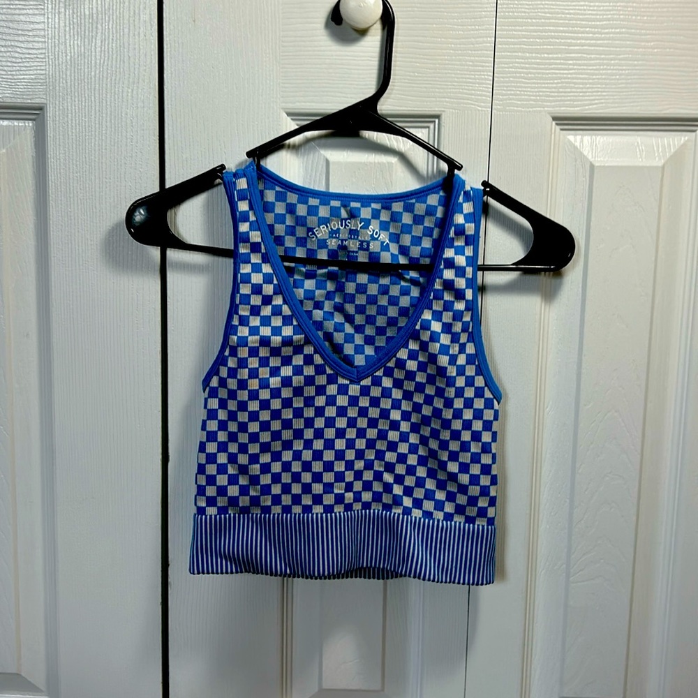 blue and white checkered tank top